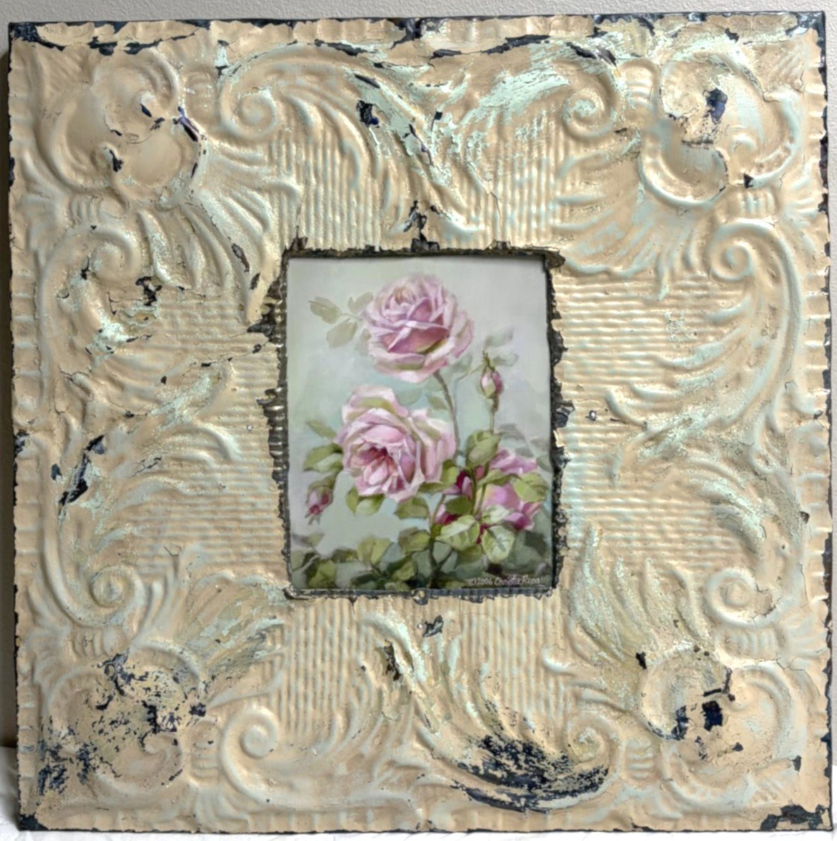 Blush Garden Rose in Antique Tin Frame