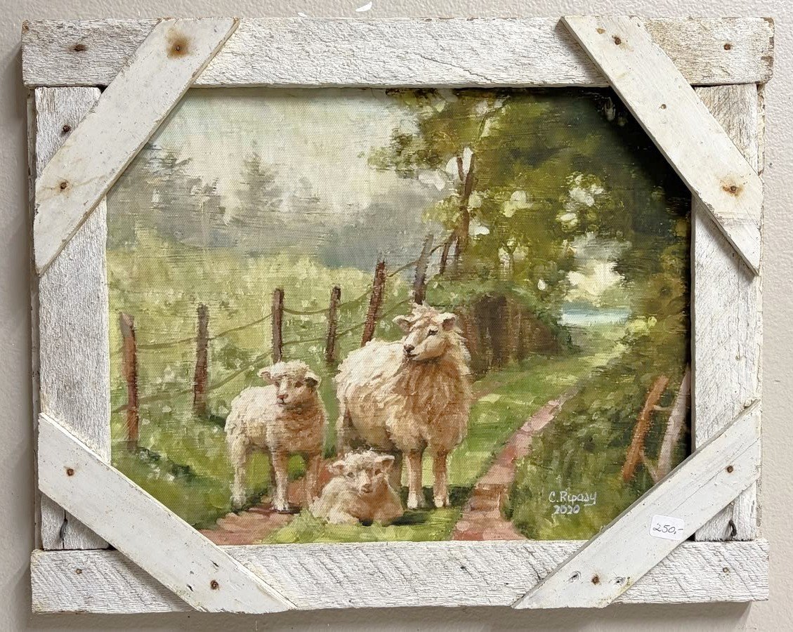 Sheep on a Country Path in Vintage Wood Frame