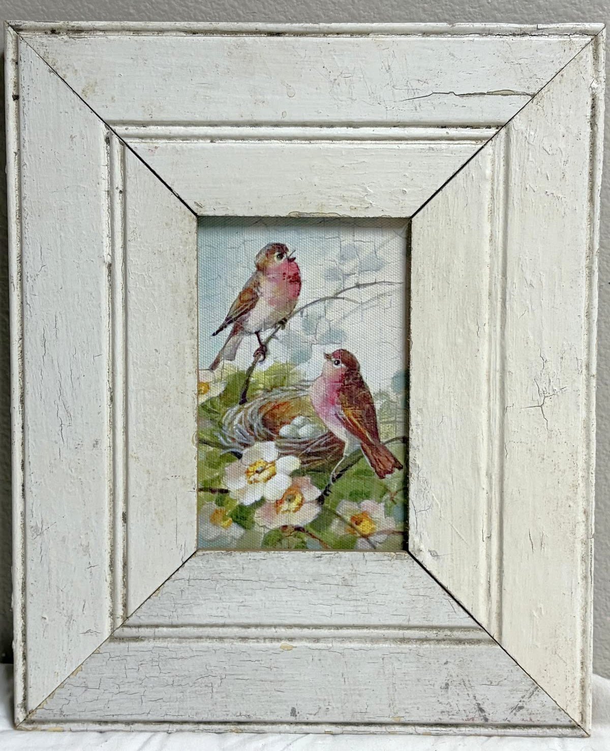 Pink Birds in Vintage Wood Frame