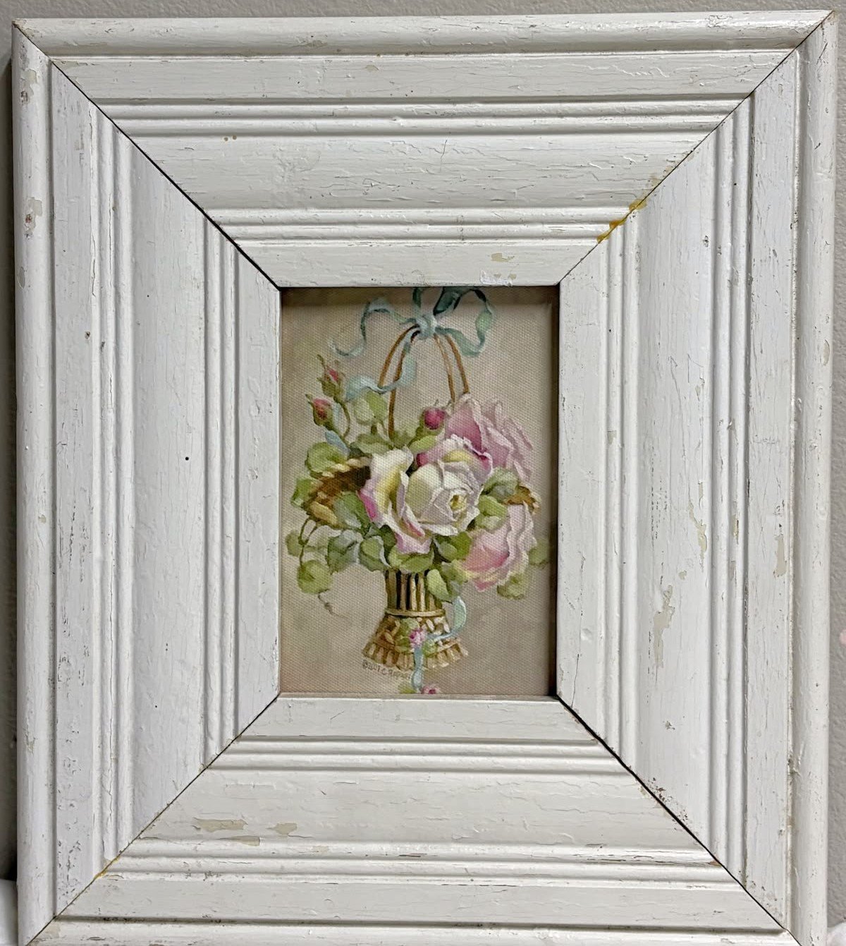 French Basket of Roses in Vintage Wood Frame
