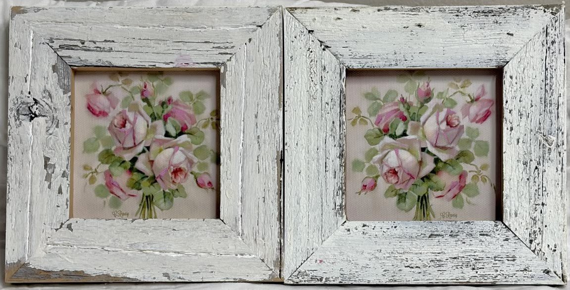 Pair of White and Pink Roses in Vintage Wood Frames