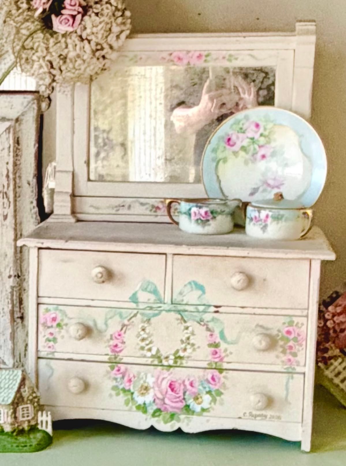 Antique White Doll Dresser with Mirror Painted with Roses and Ribbons