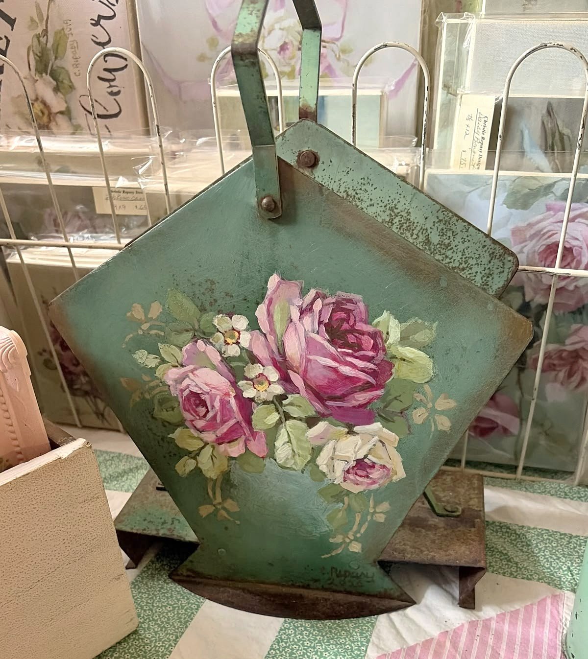 Vintage Metal Magazine Holder With Original Spray of Roses