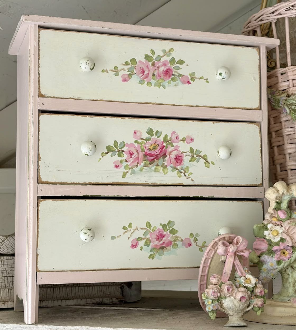 Antique Pink and White Doll Dresser with Original Painted Roses on 3 drawers