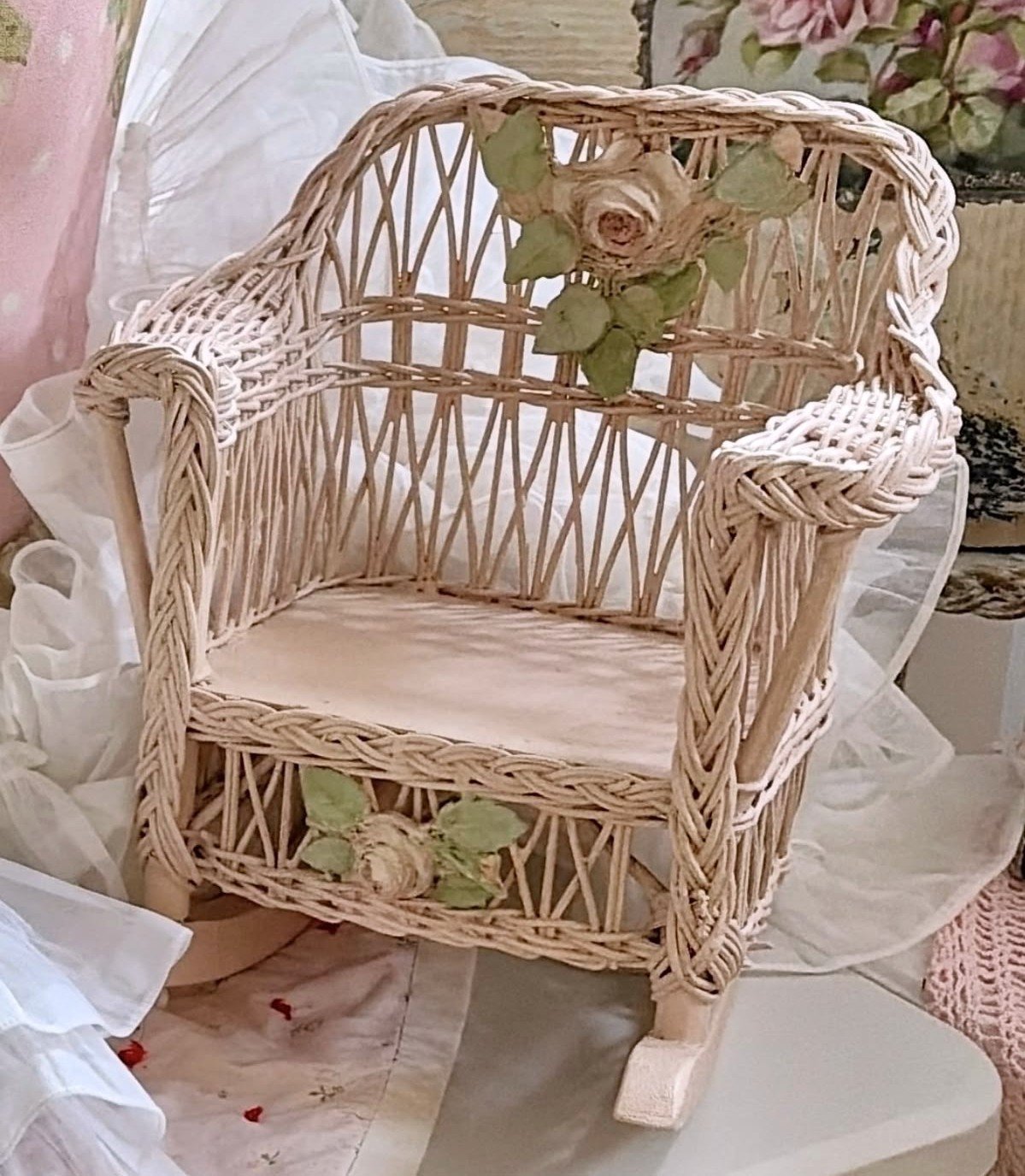 Antique Blush Pink Wicker Doll Rocking Chair with Painted Rose Barbola