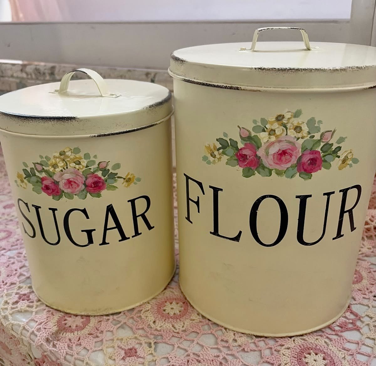 Set of Canisters - Pale Yellow with Painted Rose Sprays