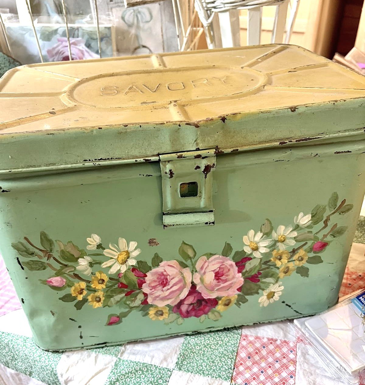 Vintage Green Bread Box with Painted Roses and Daisies (Yellow Top)