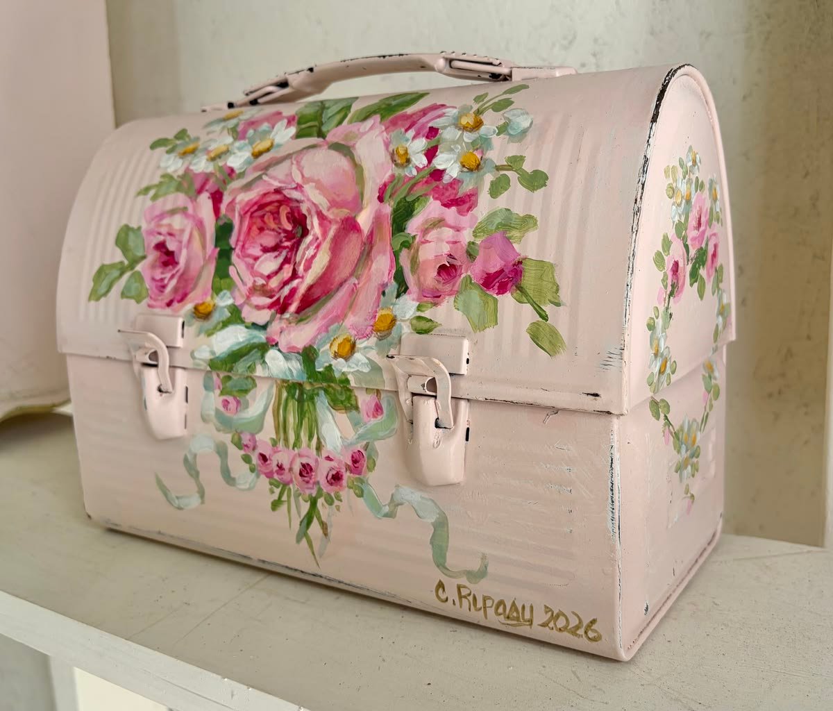 Pink Metal Vintage Lunchbox with Painted Roses