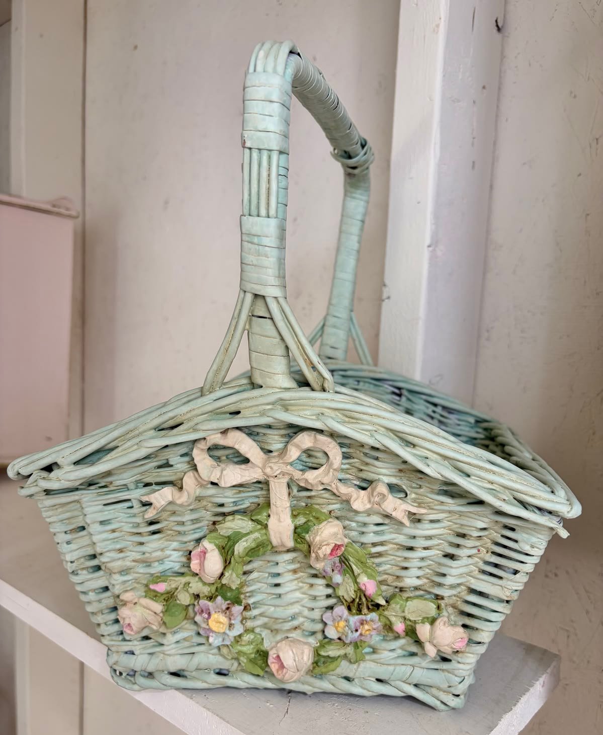 French Blue Vintage Basket with painted Barbola Wreath